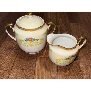 Vintage Cream Floral Sugar Bowl with Lid and Creamer Set Made in Japan